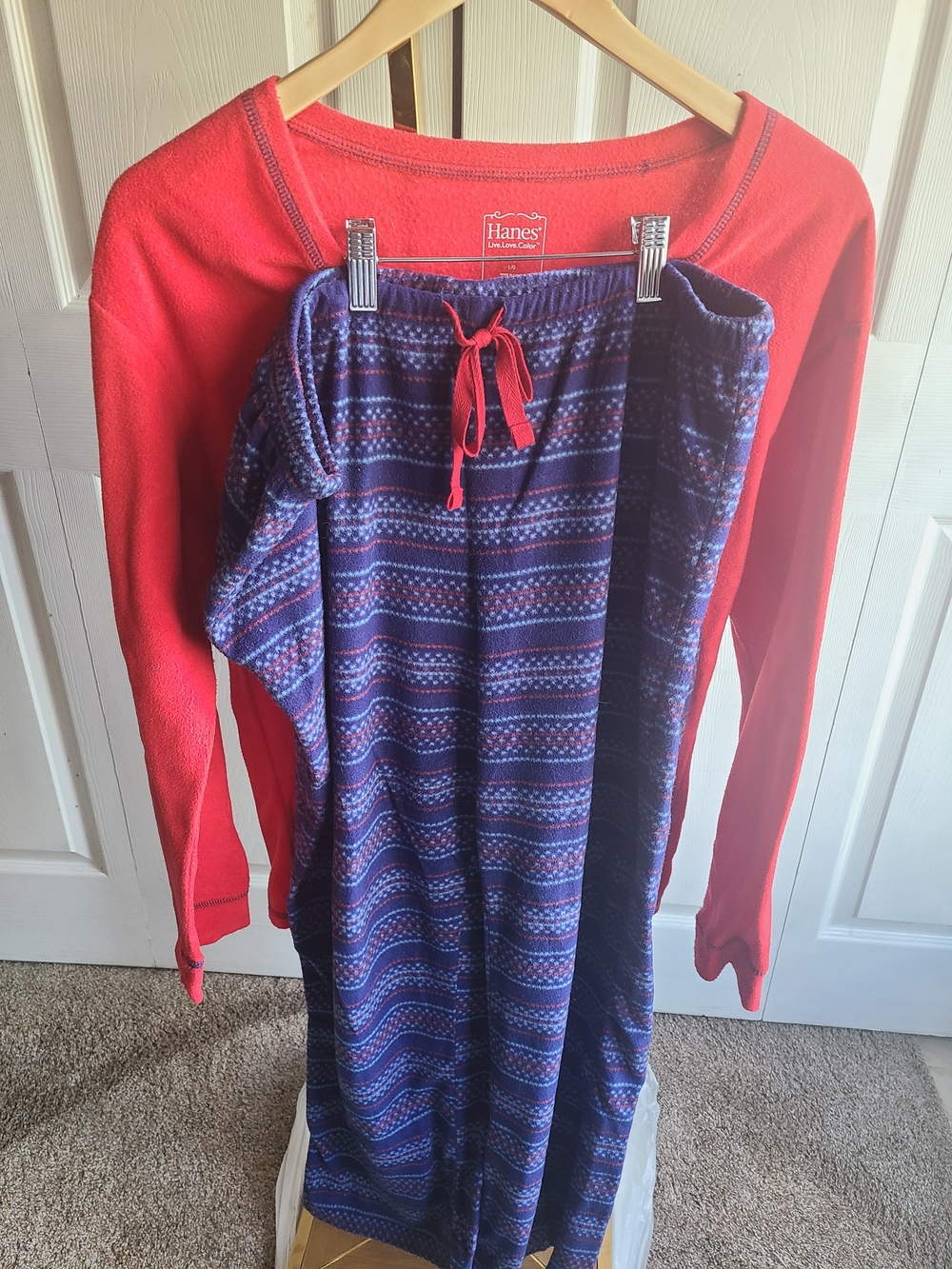 Hanes Red Top with Navy Patterned Pajama Pants